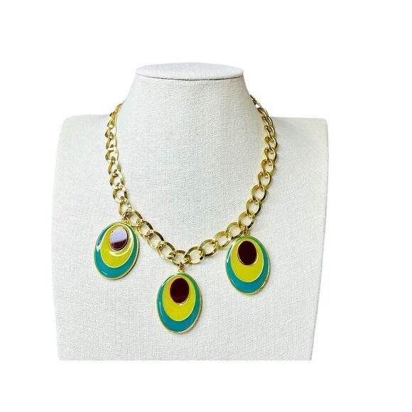 KH Studio Gold Tone Resin Green Enamel Statement Necklace Peacock-like - Picture 1 of 9